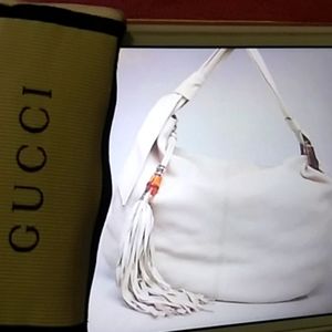 GUCCI Authentic White Leather Jungle Bamboo Hobo